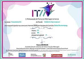Urkunde der Französischen Botschaft für das Hölderlin-Gymnasium, Platz 2 im Internetwettbewerb 2026, Niveau F1.